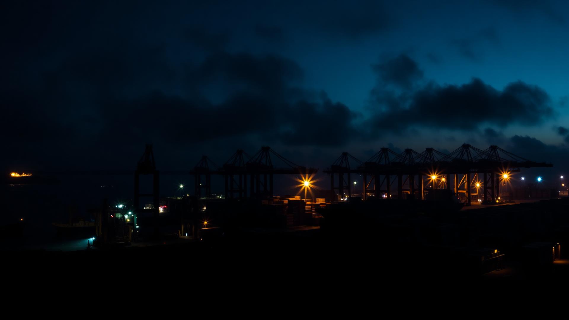 Cargo vessels and stacked timber at an industrial commodity port at dusk